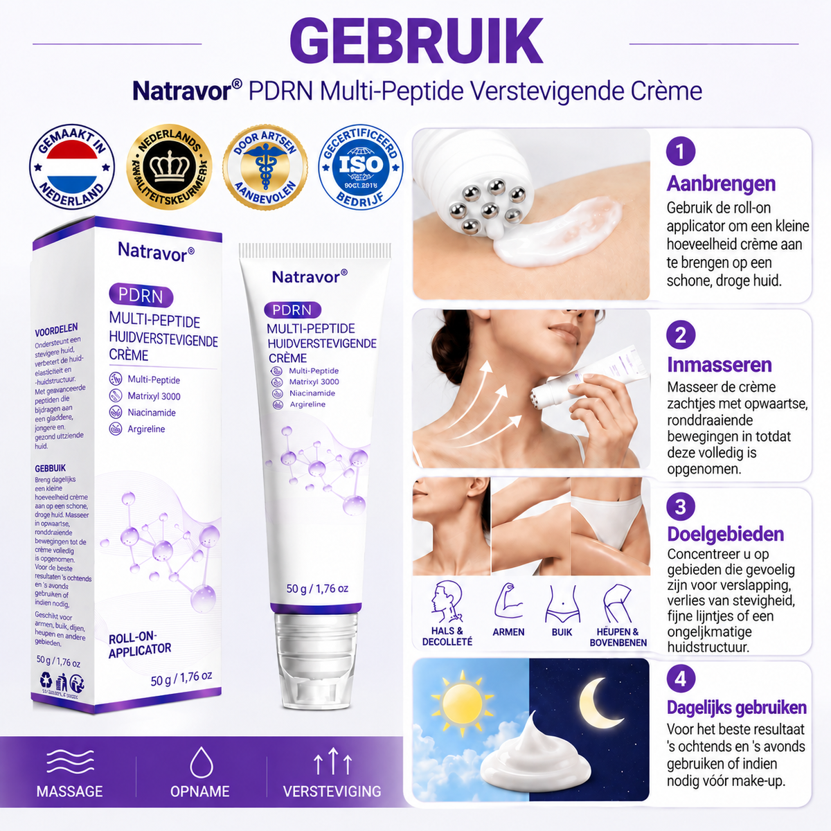 Natravor®🎗️ PDRN Multi-Peptide Massage Roller Crème – Anti-aging verzorging, hydratatie, versteviging & lifting voor een gladdere en egalere huid